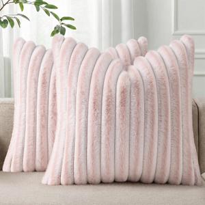 Pallene Faux Fur Plush Throw Pillow Covers 20x20 Set of 2, Luxury Soft Fluffy Striped Decorative Pillow Covers for Sofa, Couch, Living Room, Ombre Pink