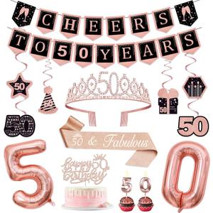 50th Birthday Decorations for Women with Banner, Hanging Swirls, Balloons, Crown and Sash, Cake Topper and Candles, Womens 50th Birthday Decorations