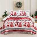DJY Christmas Quilt Set King Size, Reindeer Snowflakes Pattern Bedspread Bedding Set 3 Piece Red Christmas Coverlet Festival Winter Elk Decor Reversible Quilted Bedding Set with 2 Pillowcases