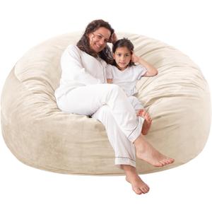 Giant Bean Bag Chair: 6 ft Memory Foam Bean Bag Chairs for Adults/Kids,Bean Bag Chair with Fillings,Soft Faux Fur Fabric - Dutch Velvet, Beige, 6 Foot