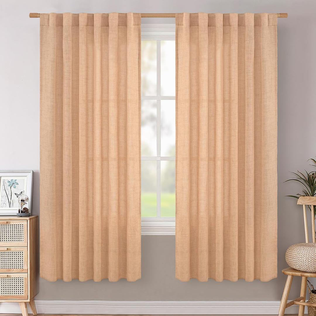 BGment Peach Linen Curtains 72 Inch Length 2 Panels for Living Room, Rod Pocket Light Filtering Window Drapes for Farmhouse Bedroom Laundry Privacy Back Tab Spring Decor, 52 Inch Wide Each Panel