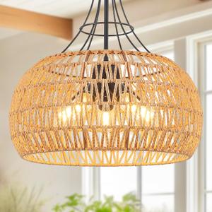 Pavloatu 20" Rattan Farmhouse Chandeliers for Dining Room, 5-Light Boho Rattan Chandelier Light Fixtures with Woven Wicker Lampshade, Rustic Pendant Lighting for Kitchen Island, Living Room
