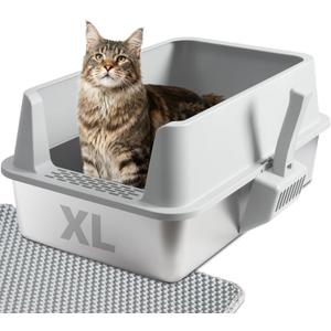 Stainless Steel Cat Litter Box with Lid, Large Metal Litter Box Stainless Steel with Mat & Scoop, Odor-Free/Anti-Leakage & Non-Stick/Easy Clean, High-Sided Litter Box for Multiple Big Cats(XL/Grey)