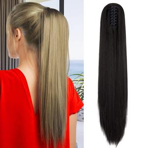 OMGREAT Claw on Ponytail Clip in Hair Extensions Straight Curly Wavy Long Hair Piece Pony Tail 21 Inch 150g Straight - Natural Black
