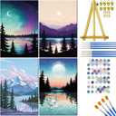 4 Pack Framed Paint by Numbers Kit for Adults Beginner, Landscape Paint by Number on Canvas with Easel, Acrylic Paint Set, Brushes, DIY Painting Kit for Home Wall Decor & Christmas Gift (8x12 inch)