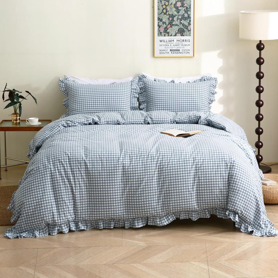 Silnuo Light Blue/White Plaid Ruffle Duvet Cover Queen Size,100% Washed Cotton 3 Pieces Shabby Checkered Chic Gingham Bedding Set Comforter Cover Set