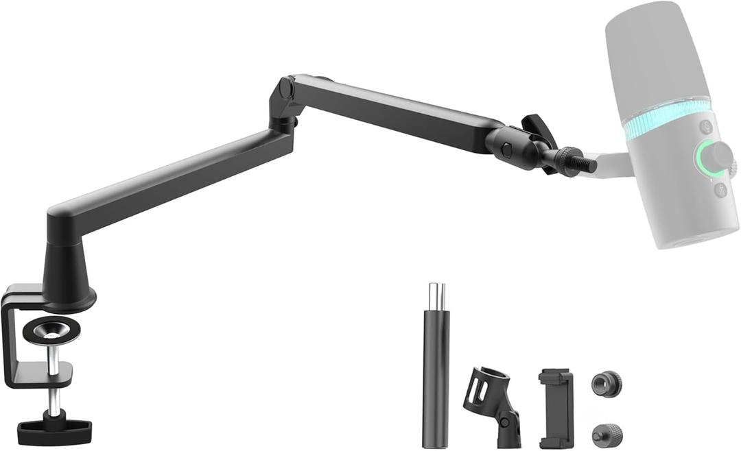 Low Profile Mic Arm 15cm Extra Riser Adjustable Mic Boom Arm Metal Desk Mounted Microphone Stand Cable Management Flexible Microphone Holder for Podcast Streaming Gaming Desktop (Black)