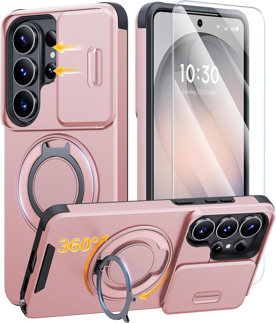 JAME for Samsung Galaxy S26 Ultra Case, Ring Holder Stand Kickstand, Slide Camera Cover with Screen Protector, Dual-Layer Shockproof Protective Magnetic Accessory Friendly S26 Ultra Phone Case, Pink