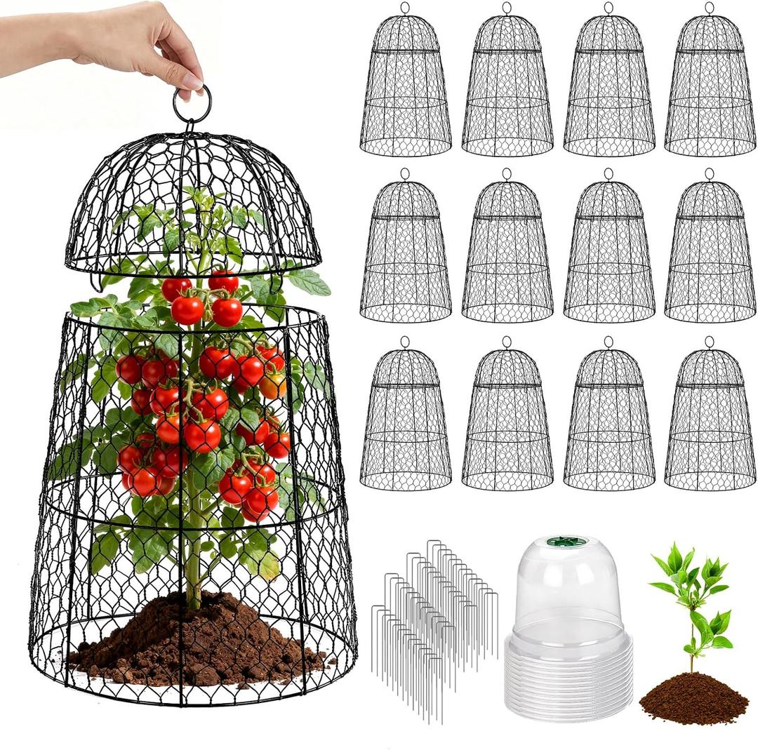 12 Pack XL Metal Garden Cloches for Plants, 17" Height Rustproof Chicken Wire Cloches for Seedlings, Vegetables & Flowers, Plant Protectors from Animals Includes 12 Humidity Domes & 48 Stakes - Black