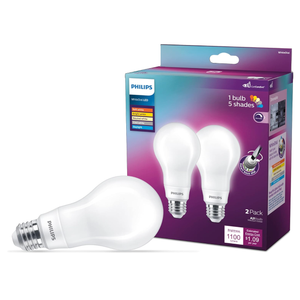 PHILIPS LED 75W A21 2-Pack WhiteDial Multi-CCT (5000K) 1100 Lumen (9W = 75W) Dimmable Clear Flicker-Free Light Bulbs