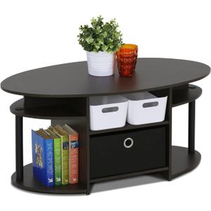 Furinno Jaya Simple Design Oval Coffee Table with Bin for Living Room, Walnut, 19.7"D x 35.4"W x 16.4"H