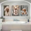 Framed 3Pcs Funny Bathroom Wall Art Dog Playing Phone on Toilet and Taking Bath in Bathroom Pictures Posters Cute Pet Canvas Prints Wall Decor for Dog Lovers Bathroom and Laundry Room Decoration