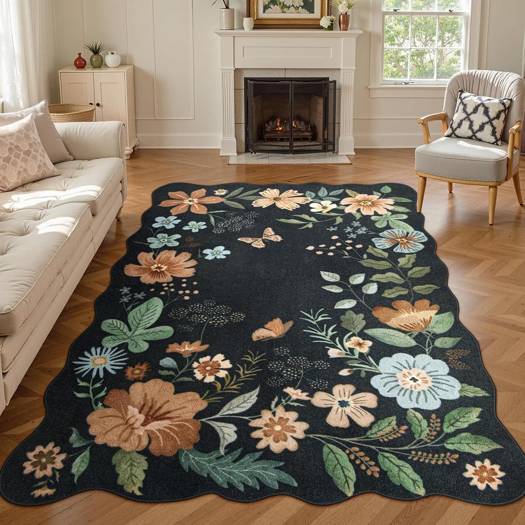Lahome Floral Rugs for Living Room, 5x7 Area Rugs Ultra-Thin Soft Washable Rug, Non-Slip Bedroom Rug Stain Resistant Lightweight Boho Low-Pile Throw Carpet for Dining Room Office (5x7ft,Black/Grey)