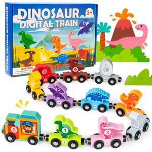 Magnetic Wooden Dinosaur Train Set, Montessori Toys for Toddlers, Preschool Educational Magnetic Dinosaur Toys and Number Train, Learning Activities Holiday Birthday Gifts for Kids Ages 3-5