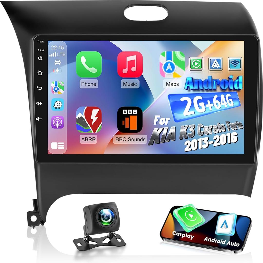 [2+64G] NHOPEEW Car Radio for KIA Cerato K3 Forte 2013-2016 with Wireless Carplay and Android Auto, 9 Inch Touchscreen Android Car Stereo - DSP/GPS Navi/WiFi/SWC/Bluetooth + AHD Backup Camera