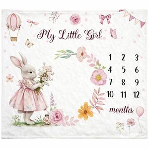 Mindsoft Easter Bunny Monthly Baby Milestone Blanket Bunny Flower Flannel Blanket Girl Newborn Infant Swaddle Growth Baby Frame for Boys Girls Nursery