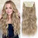 ALXNAN Clip in Long Wavy Synthetic Hair Extension 24 Inch Dirty Blonde 4PCS Thick Hairpieces Fiber Double Weft Hair for Women