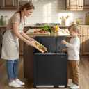 SONGMICS Kitchen Dual Trash Can, 13 + 5.3 Gallon (50 + 20 L) 2-Compartment Trash and Recycle Bin, Stainless Steel Garbage Can, Pedals, Soft-Close Lids, Inner Buckets, Black ULTB770BZ01