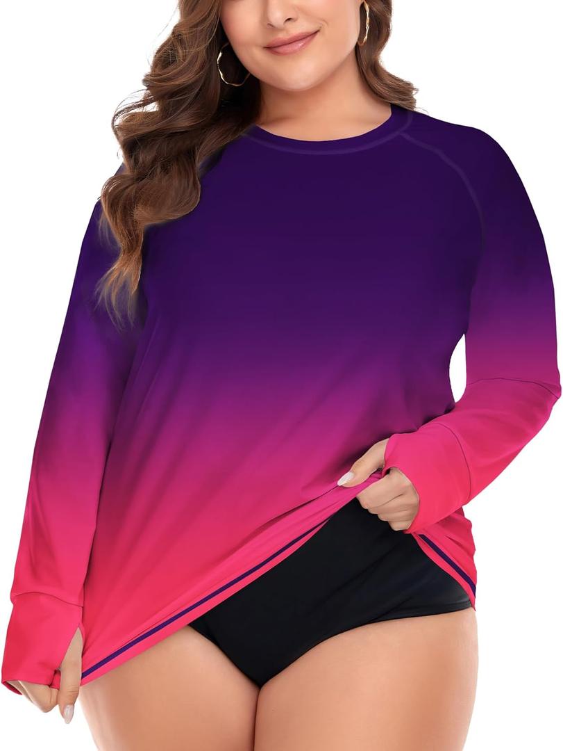 FOREYOND Plus Size Rash Guard Shirts for Women Long Sleeves UPF 50+ Sun Protection Loose Fit Swimming Tops Swimwear (3X-Large Plus, Gradient Purple)