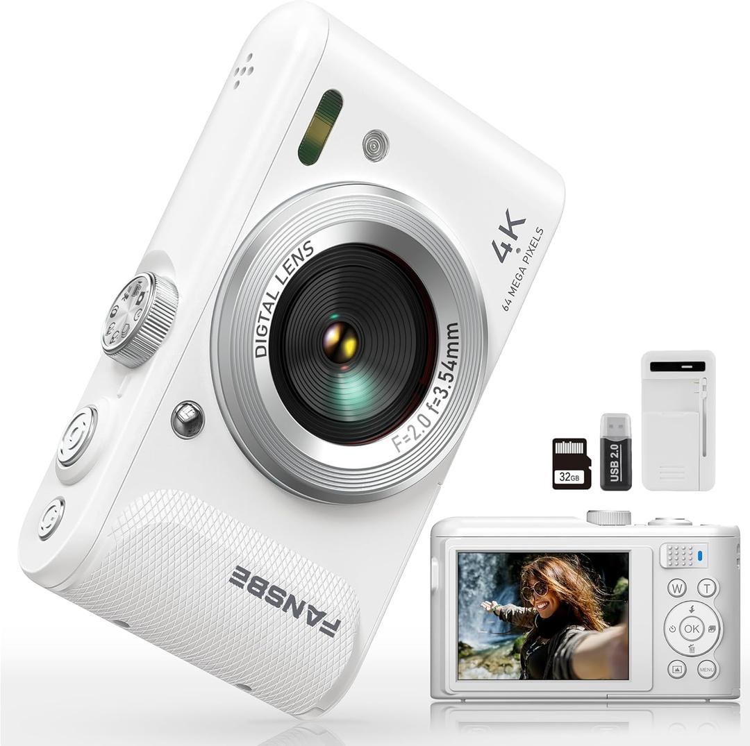 Compact Portable 4K Digital Camera, Travel 4K Digital Camera Pocket, Digital Cameras Autofocus Vlogging Anti-Shake 18X Zoom 64MP 8 Modes 2.8" HD LCD Charger 32GB Card Reader, White