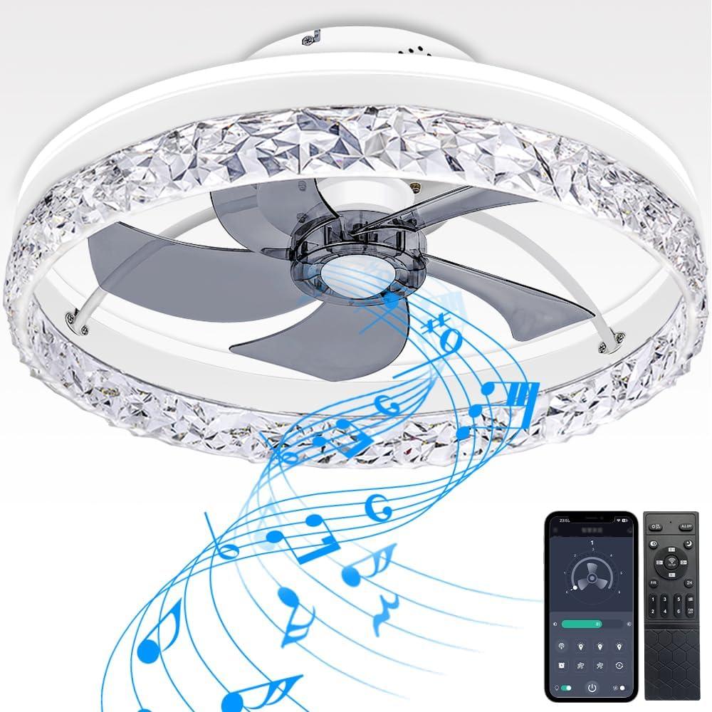 Low Profile Flush Mount Ceiling Fan with Light and Bluetooth Speaker, Smart Ceiling Fan with 6 Speeds, Reversible Airflow, APP/Remote Control for Bedroom
