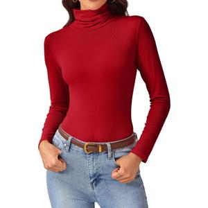 Turtleneck Tops for Women - Long Sleeve Shirts Lightweight Stretch Slim Fit Fall Fashion Basic Underwear Top Winter Clothes (Red, L)