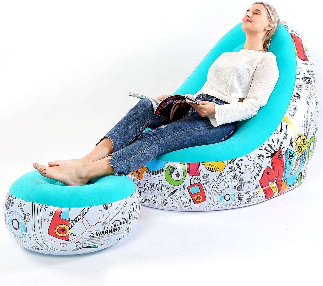 Lazy Sofa, Inflatable Sofa, Family Inflatable Lounge Chair, Graffiti Pattern Flocking Sofa, with Inflatable Foot Cushion, Suitable for Home Rest or Office Rest(Blue)