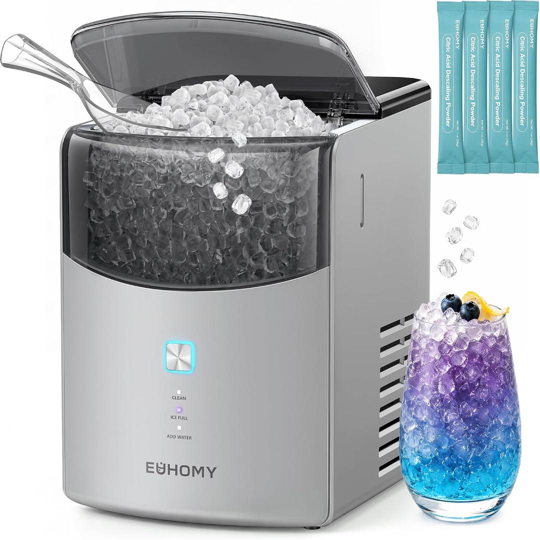 Euhomy Countertop Nugget Ice Maker, 35lbs Daily Sonic Crushed Ice Machine
Ice Ready in 5 Mins, Dual-Pump Self-Cleaning, Detachable Lid, Pebble Ice Maker with Basket, Scoop, 4 Packs Cleaner, Grey