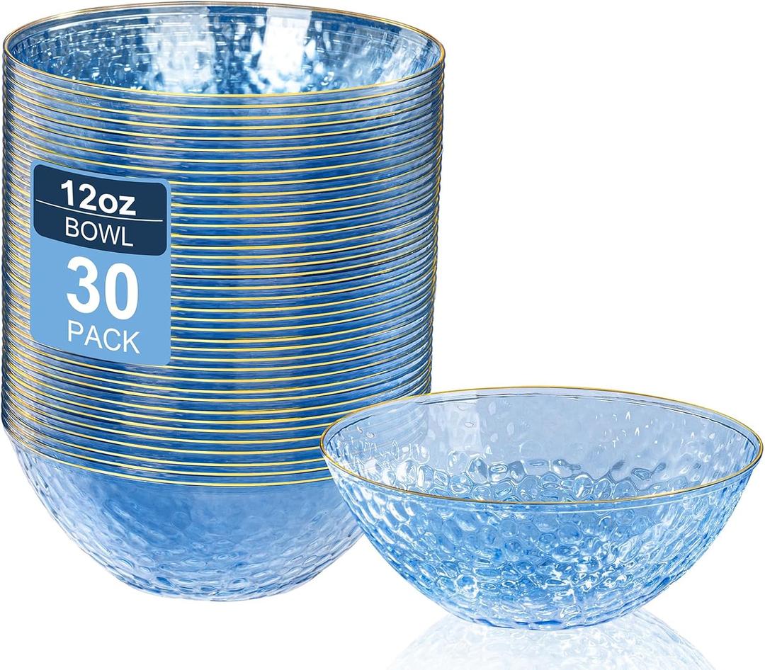 I00000 30 Pack 12 Ounce Blue Plastic Bowls Hammered Clear Bowl with Gold Rimmed, Heavy Duty Disposable Bowl Set,Elegant Small Bowls for Party, Weddings, Catering