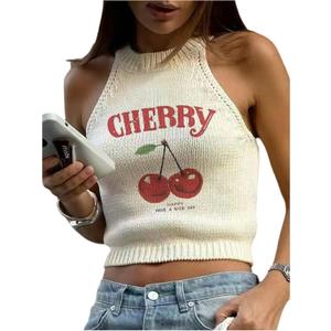 WDIRARA Women's Cherry Letter Print Crop Sweater Knit Tank Tops Crew Neck Sleeveless Pullovers (XS)