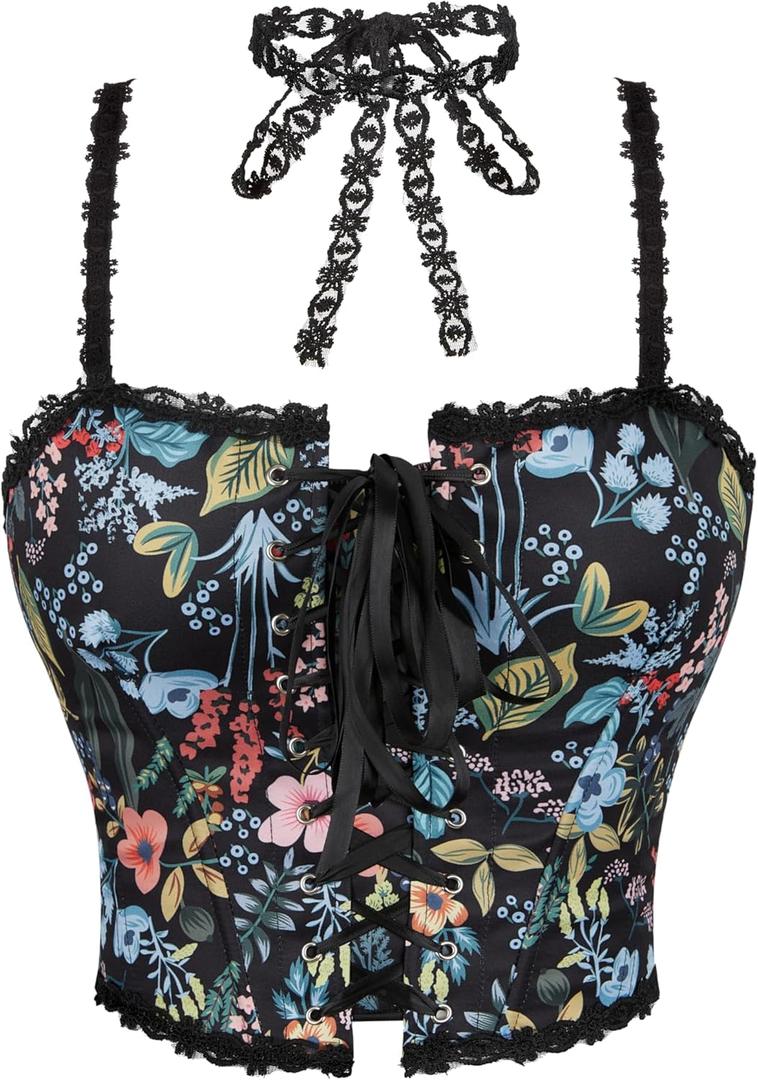 FGSS Women Bustier Corset Suspenders Tops - Lace Floral Renaissance Lingerie with Neck Strap Fashion Overbust Bodyshaper, M