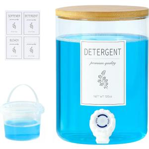 1 Glass Laundry Detergent Dispenser with Bamboo Lid - 120 Oz Liquid Detergent, Laundry Soap & Fabric Softener Dispenser for Laundry Room Organization and Storage with 1 Cups & 4 Labels