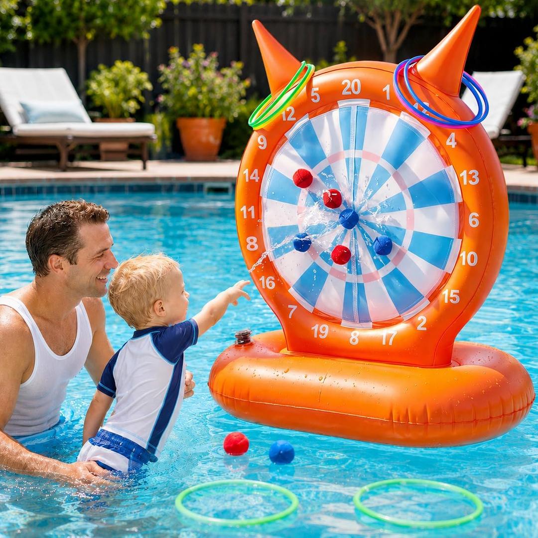 Inflatable Dart Board Pool Toys, 2-in-1 Pool Games with Throwing & Ring-toss Games, Sewn Fabric Balls and Rings for Kids & Adults, Suitable for Family Gatherings & Water Parties