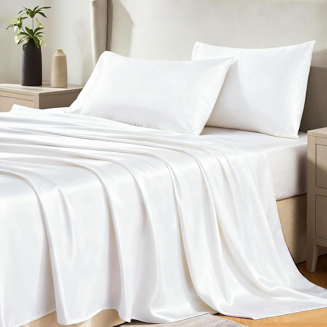 CozyLux Satin Sheets Queen Size Bed Set - 4 Piece Silky Queen Sheet Set, Luxury White Queen Sheets with Smooth and Soft Microfiber, Includes 1 Fitted Sheet, 1 Flat Sheet and 2 Pillowcases