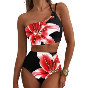 Herseas Women's High Waisted Bikini Sets One Shoulder Floral Print Swimsuits 2 Piece Tummy Control Bathing Suits (Black Red Floral, Small)