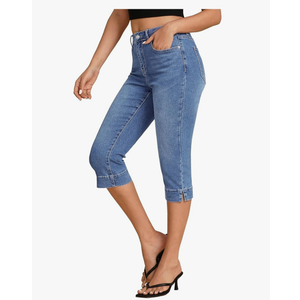 Luvamia Capri Jeans for Women Trendy High Waisted Slim Split Hem Stretch Denim Jean Capris Cropped Pants Casual Summer , Size M