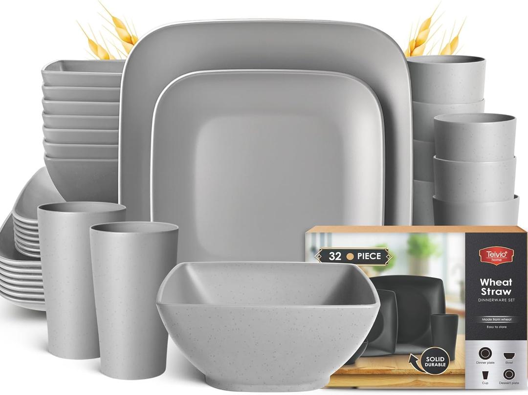 Teivio 32-piece Plastic Wheat Straw Square Dinnerware Set for 8, Unbreakable Dinner Plates, Salad Plates, Snack Bowls, Tumblers, Dishwasher Safe, Light Gray