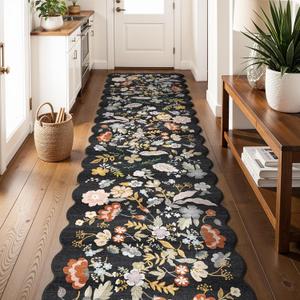 3x12ft Long Hallway Runner Rug - Non Slip Washable Floral Floor Runner for Kitchen Entryway BathroomBoho Low Pile Thin Rubber Backed Scalloped Carpet Runner (Black, 3x12)