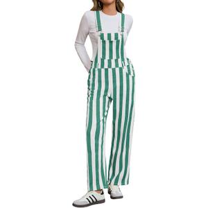 Cicy Bell Womens Casual Striped Bib Overalls Adjustable Straps Straight Leg Jumpsuits Denim Jean Long Rompers Pants (Small, Green)