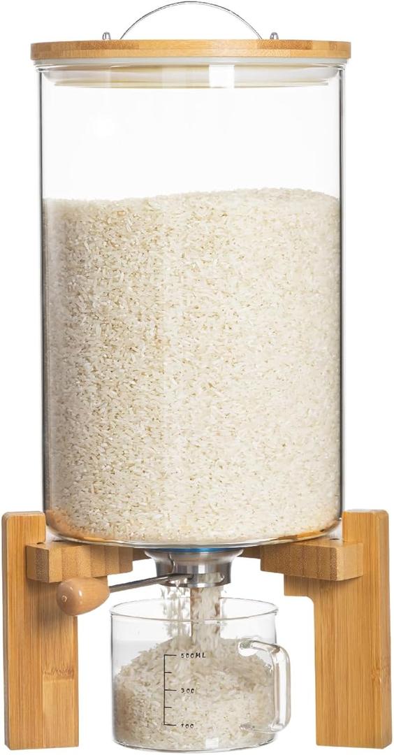 HBlife 14-16 Lbs Glass Rice Dispenser with Wooden Stand Flour and Cereal Container with Glass Measuring Cup Pantry Food Organization Storage Bin with Airtight Bamboo Lid, 8L