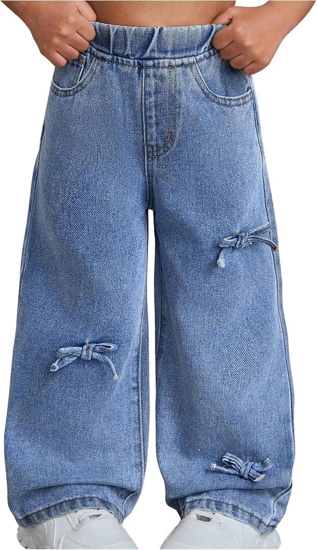 WDIRARA Girls' Bow Decor High Waisted Jeans Straight Leg Elastic Casual Denim Long Pants (Blue)