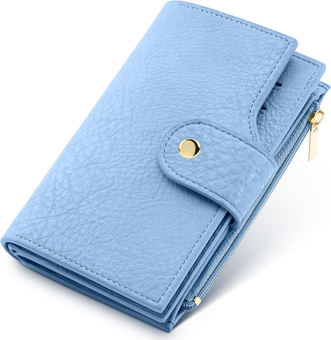 Women's Bifold Wallet, RFID Blocking Credit Card Holder with Zipper, Travel Cute Coin Pocket Wallet for Ladies, Blue