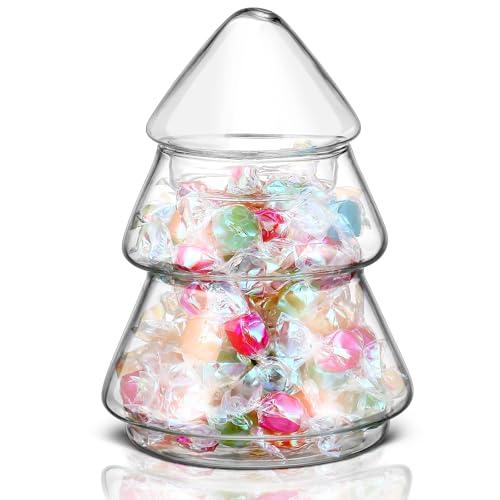 Sliner Christmas Tree Candy Jars Glass Cookie Jars with Lids Lovely Christmas Tree Jar Bowl Food Storage Container for Xmas Festival Holiday Party Gift Table Decoration(5.71 x 3.94 Inch, Clear)