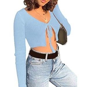 xxxiticat Women's Front Tie Up Crop Top Shirt Long Sleeve Lace Up Knitted Open Cardigan V Neck Bolero Cropped Basic Tees(M)
