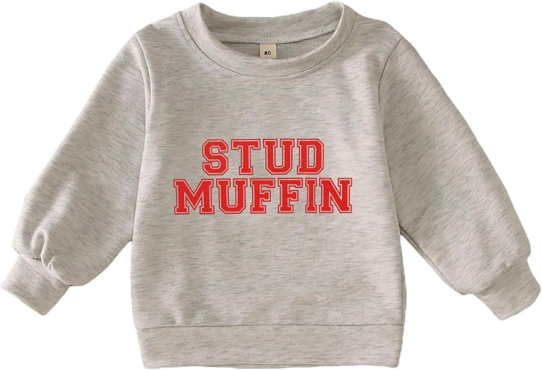 GLIGLITTR Toddler Baby Boy Valentines Sweatshirt Outfit Long Sleeve Stud Muffin Letter Print Pullover Shirt Clothes (Gray)