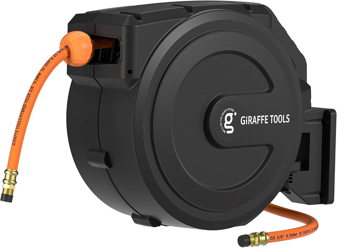 Giraffe Tools Retractable Air Hose Reel Enclosed with 3/8 in. x 50 ft Hybrid Hose, Lightweight Compressor Hose Reel Wall Mounted with 180 Swivel Bracket, 300 PSI