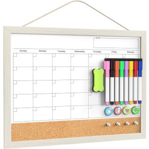 Calendar Whiteboard for Wall, TANKEE 17x13 Inches Whiteboard Calendar Cork Board Combo, Small Magnetic White Board with Wood Framed, Hanging Dry Erase Board for Kitchen Home Office School Planner