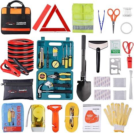 Vetoos Car Roadside Emergency Kit with Jumper Cables, Auto Vehicle Safety Road Side Assistance Kits, Winter Car Kit Essentials for Women and Men, with Car Repair Tool Set, Folding Survival Shovel