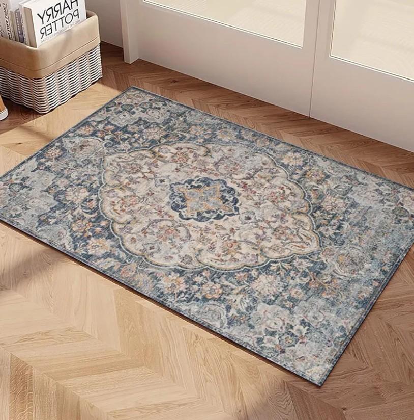 Yancorp 5.11fx3.11f Boho Area Rug for Bedroom Non Slip Washable Rug Vintage Carpet Living Room Non-Shedding Hallway Runner Rug Indoor Floor Mats Bedroom Kitchen Entryway Rugs-Rectangle Blue Grey
