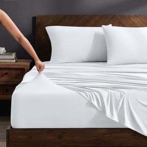 Bare Home Cooling Performance Jersey Knit Stretch Sheet Set, Moisture-Wicking & Breathable, 4-Way Stretch Bed Sheets, Envelope Pillowcases (King, White)